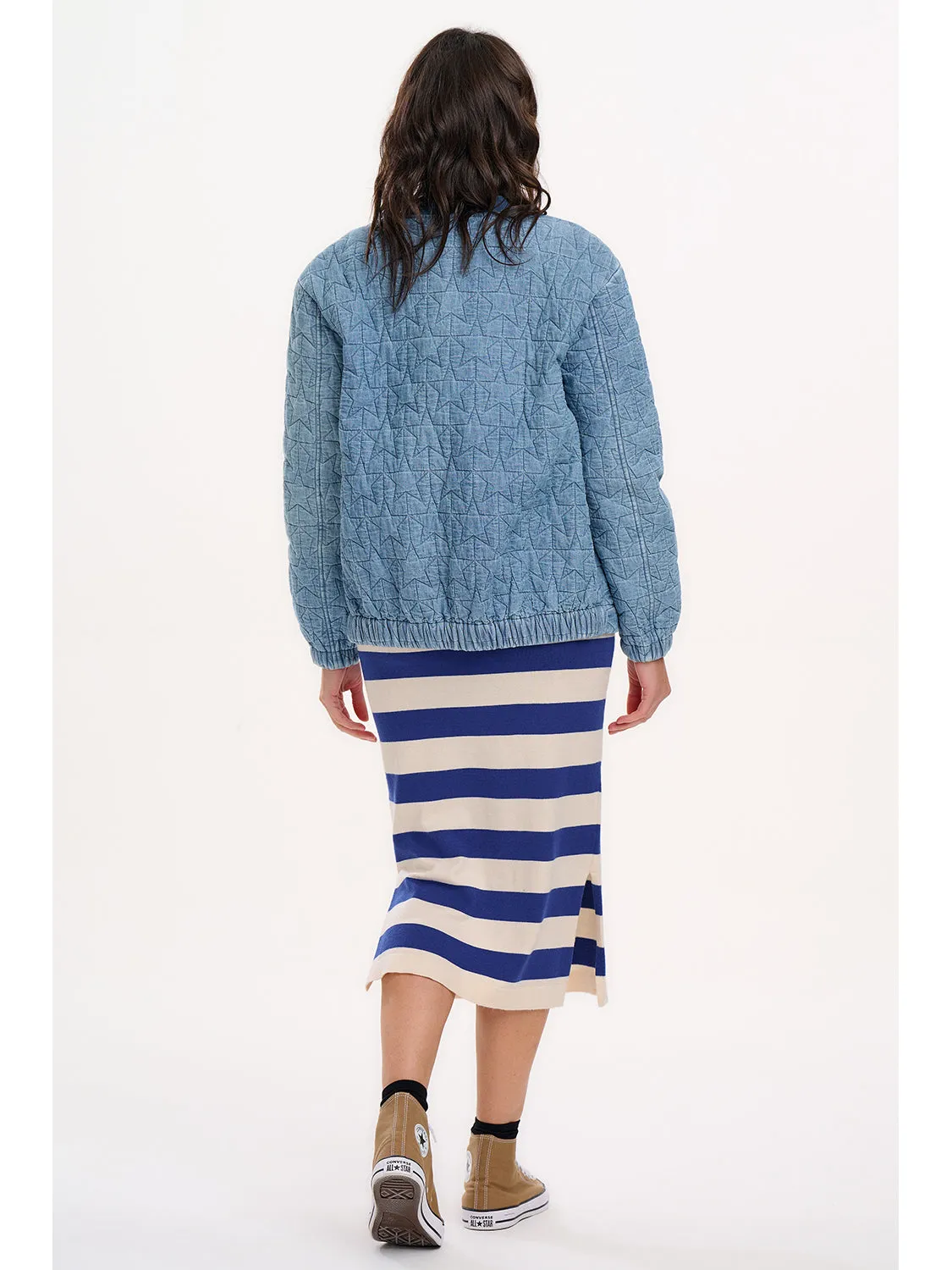 Kinga Lt Blue Denim Quilted Bomber Jacket