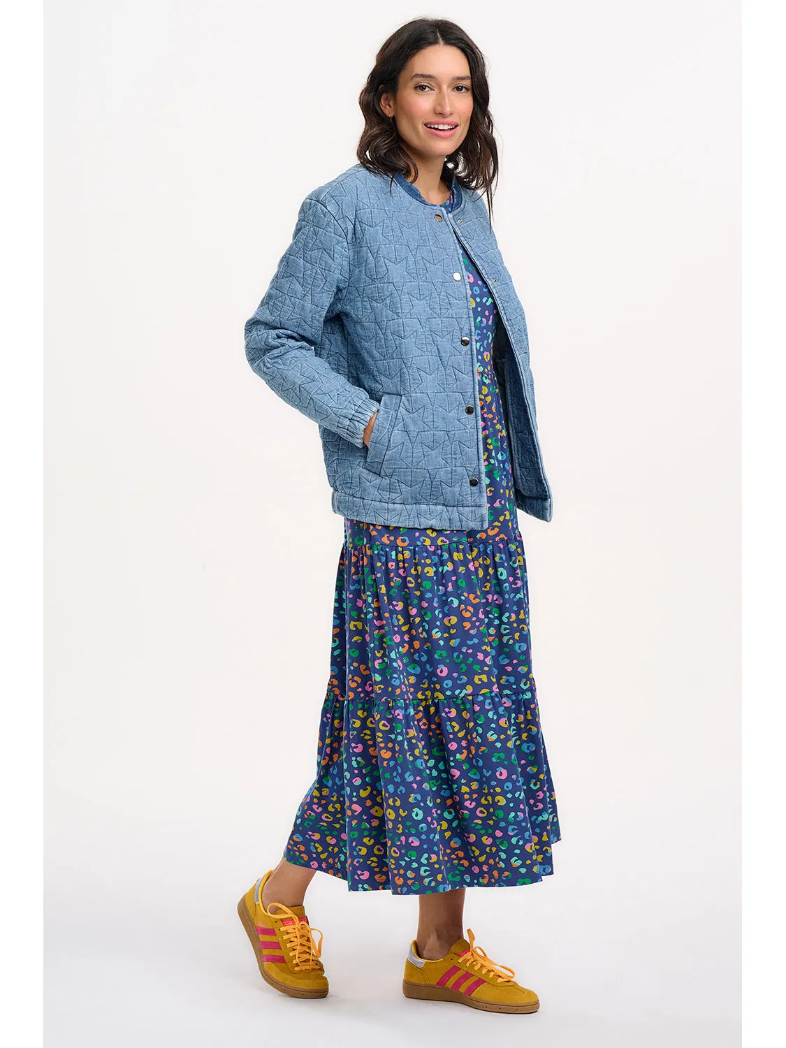 Kinga Lt Blue Denim Quilted Bomber Jacket