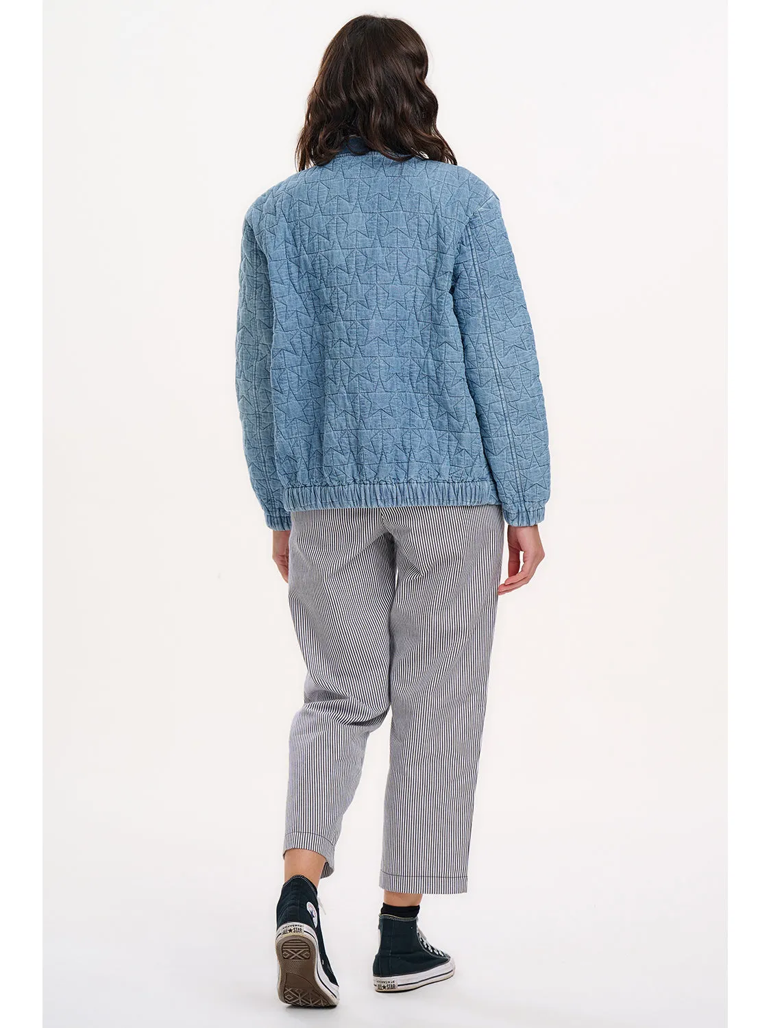 Kinga Lt Blue Denim Quilted Bomber Jacket