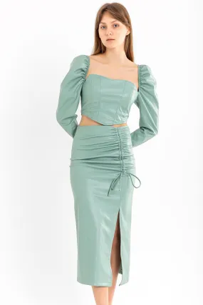 KKT Leather Fabric Above Knee Shirred Slit Women'S Skirt - Mint - Salinas