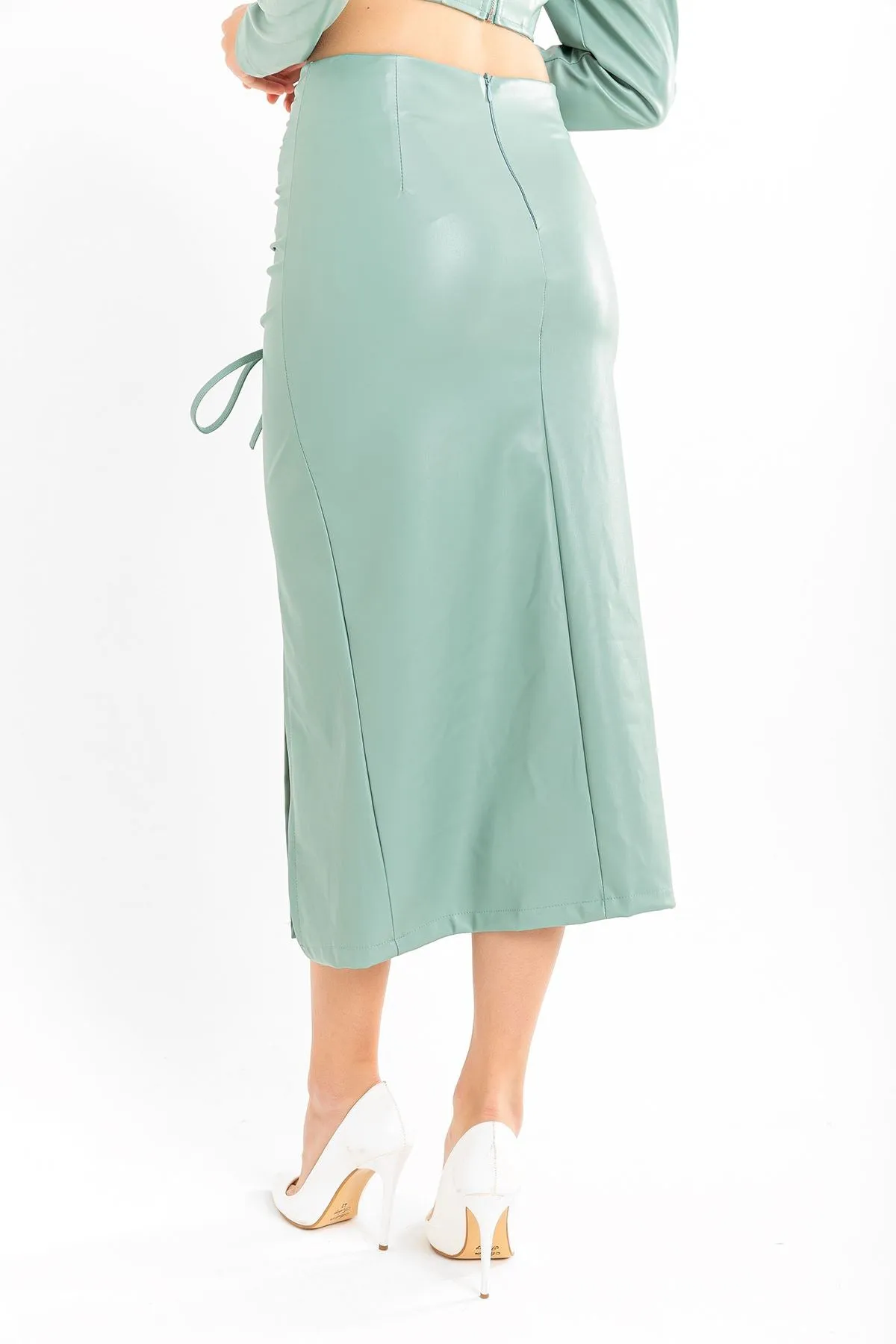 KKT Leather Fabric Above Knee Shirred Slit Women'S Skirt - Mint - Salinas