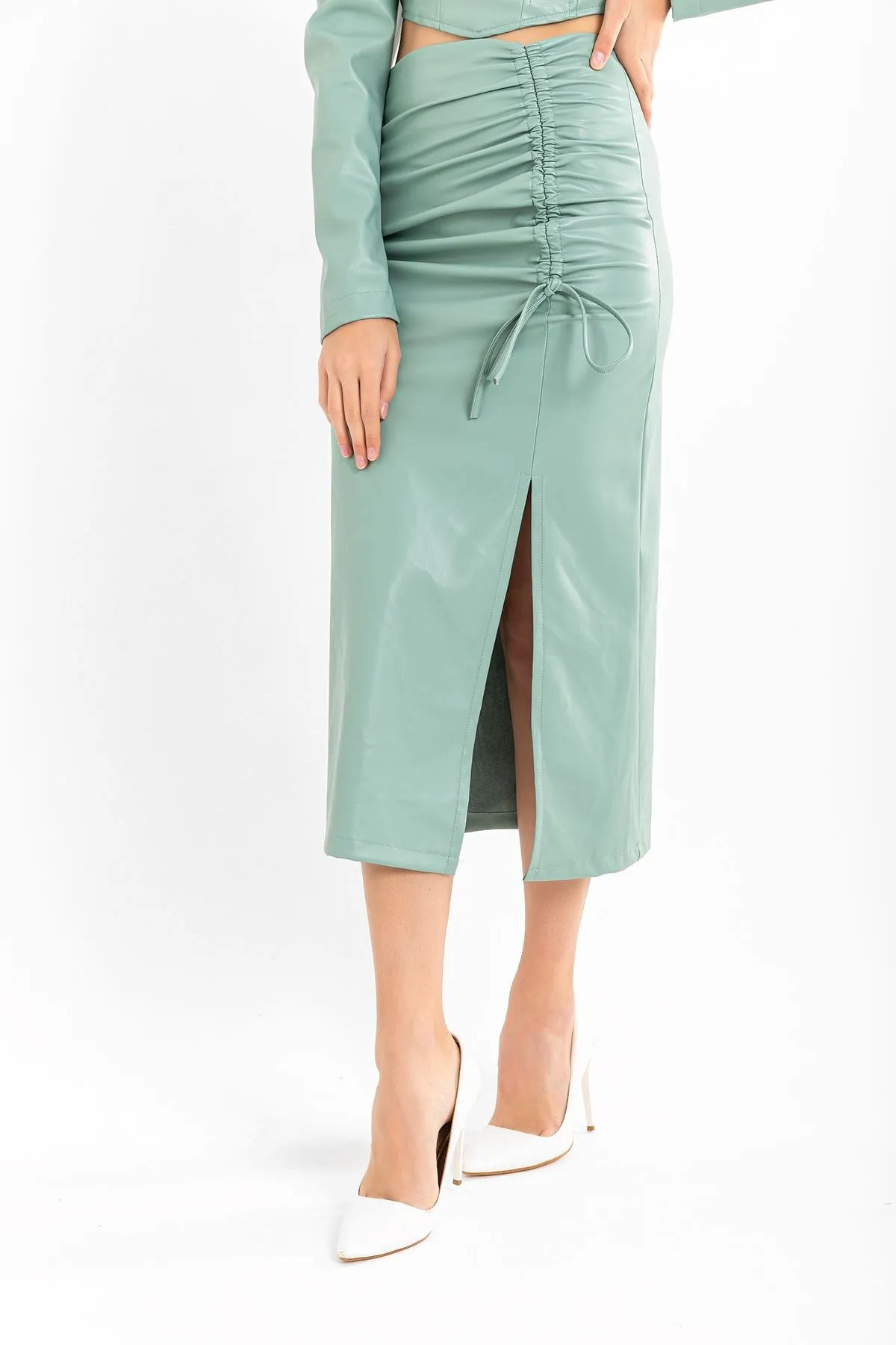 KKT Leather Fabric Above Knee Shirred Slit Women'S Skirt - Mint - Salinas