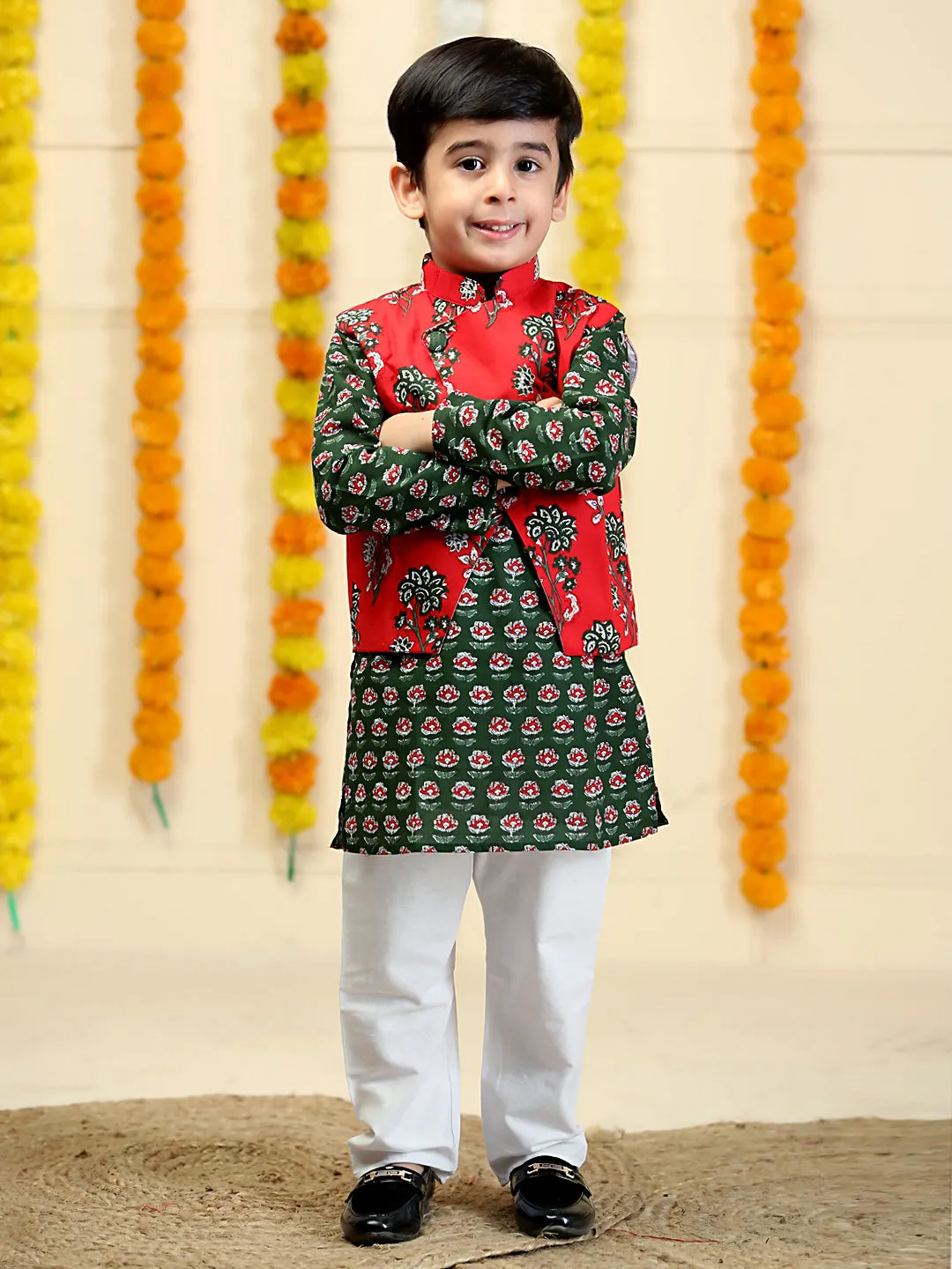 Lal Paridhan Boys Floral Print Jacket And Kurta Pajama Set