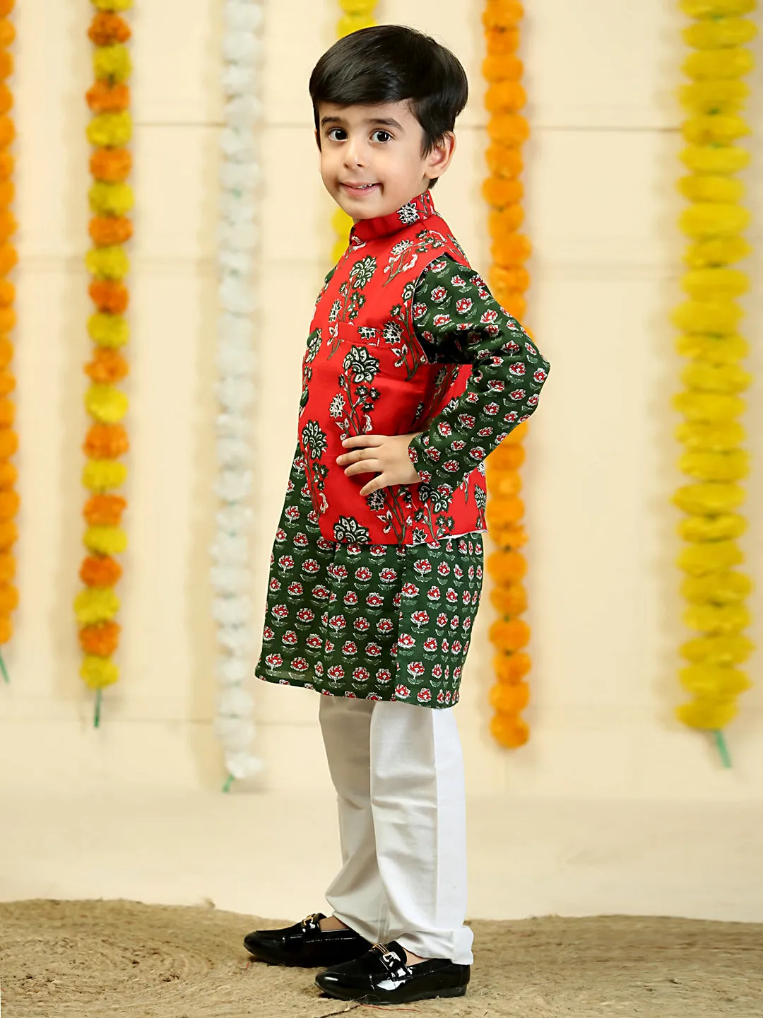 Lal Paridhan Boys Floral Print Jacket And Kurta Pajama Set
