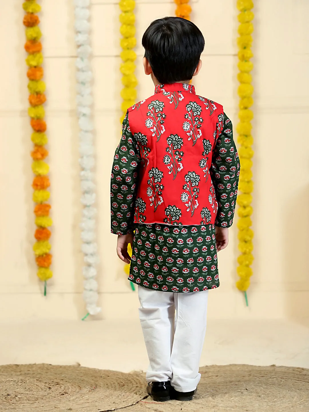 Lal Paridhan Boys Floral Print Jacket And Kurta Pajama Set