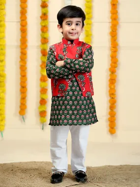 Lal Paridhan Boys Floral Print Jacket And Kurta Pajama Set