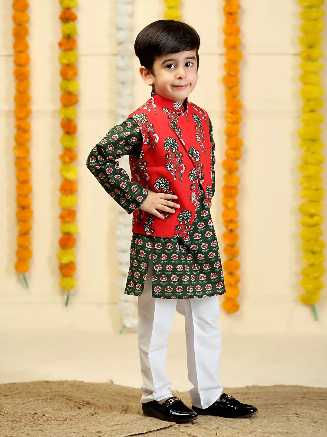 Lal Paridhan Boys Floral Print Jacket And Kurta Pajama Set