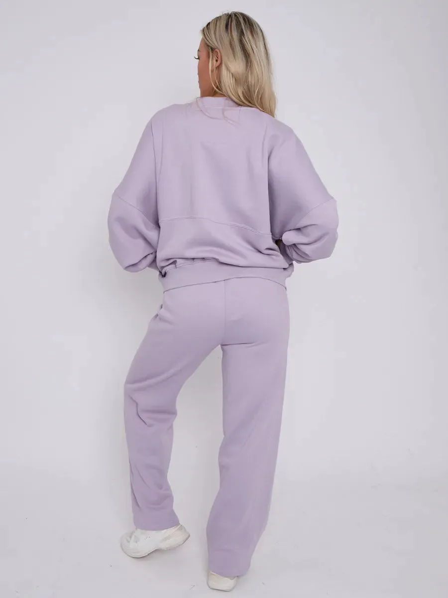 Lilac Bomber Style Jacket & Wide Leg Bottoms Co-ord Loungewear Set