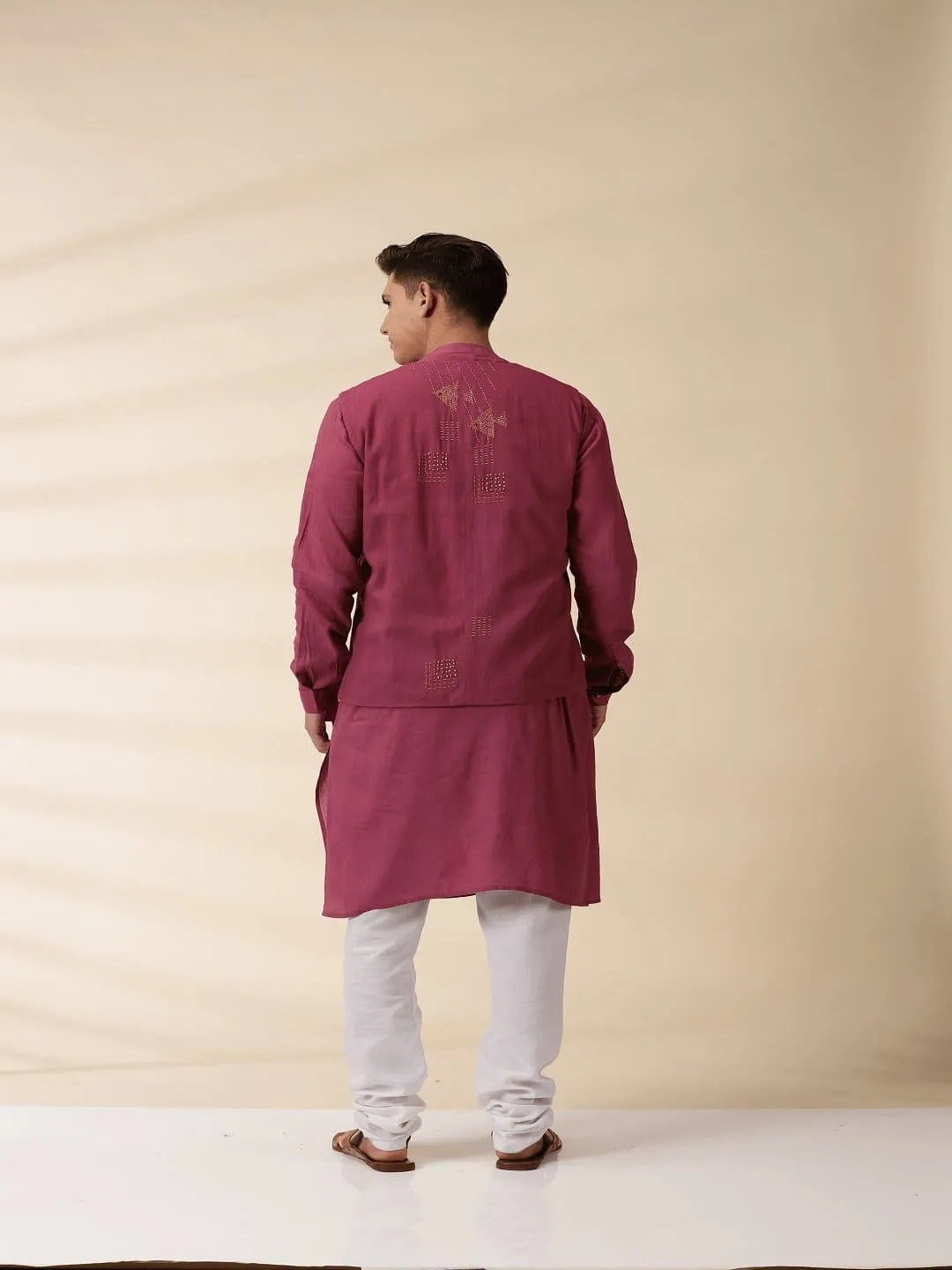 Majenta Khadi Men Sadri & Kurta Set
