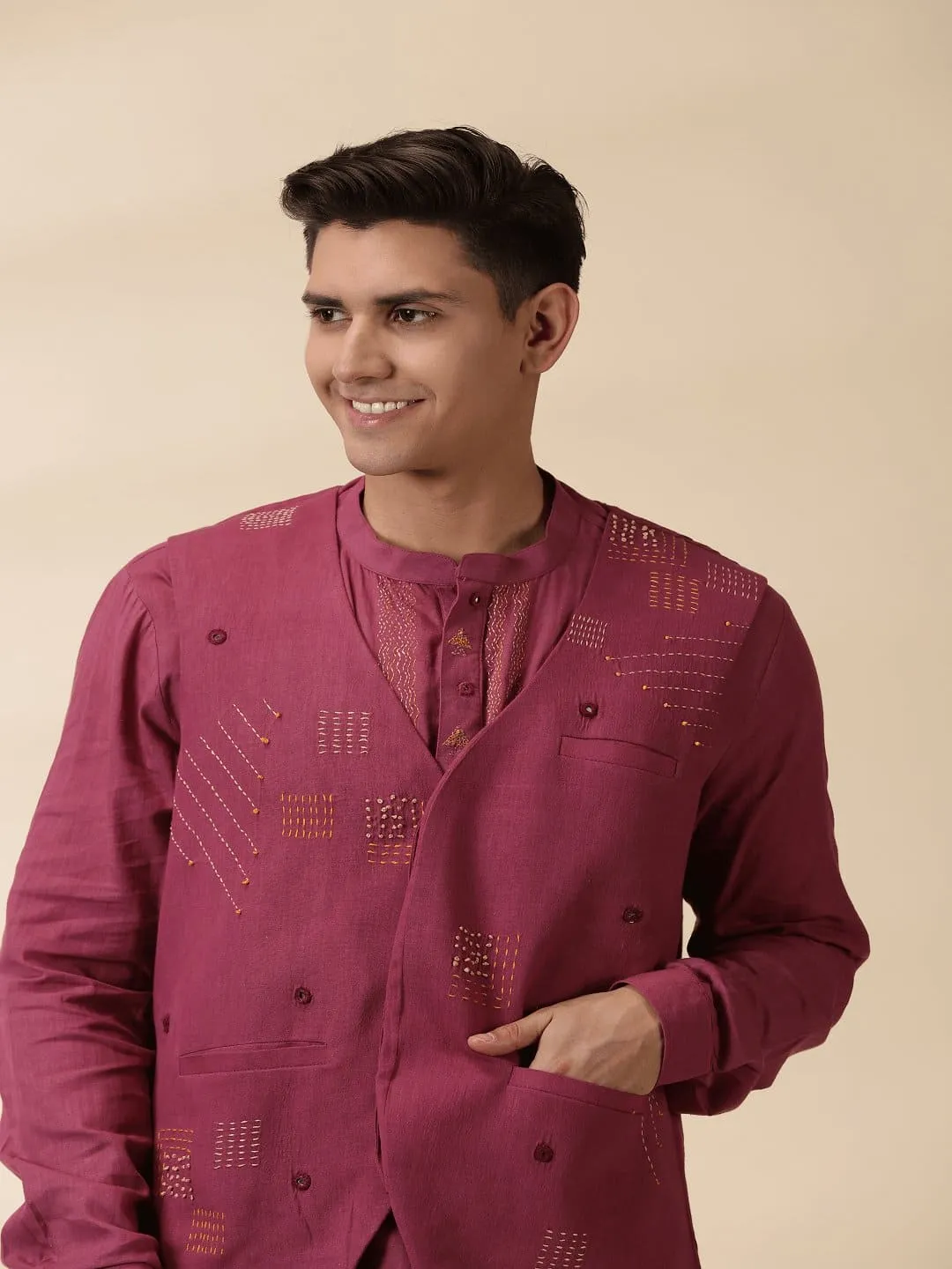 Majenta Khadi Men Sadri & Kurta Set