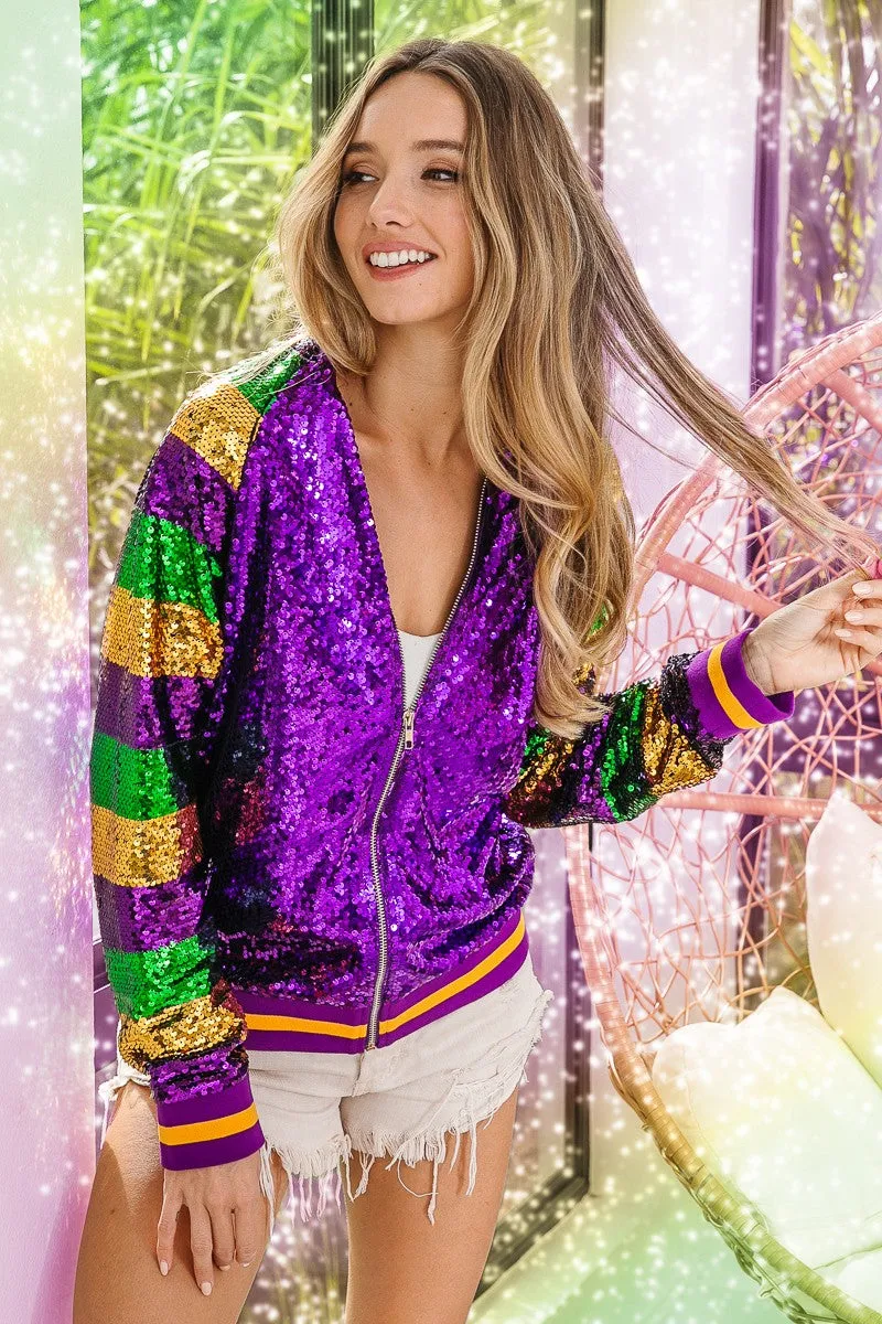MARDI GRAS COLOR BLOCK SEQUIN BOMBER JACKET
