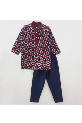 Maroon and blue ajrakh print kurta and churidar