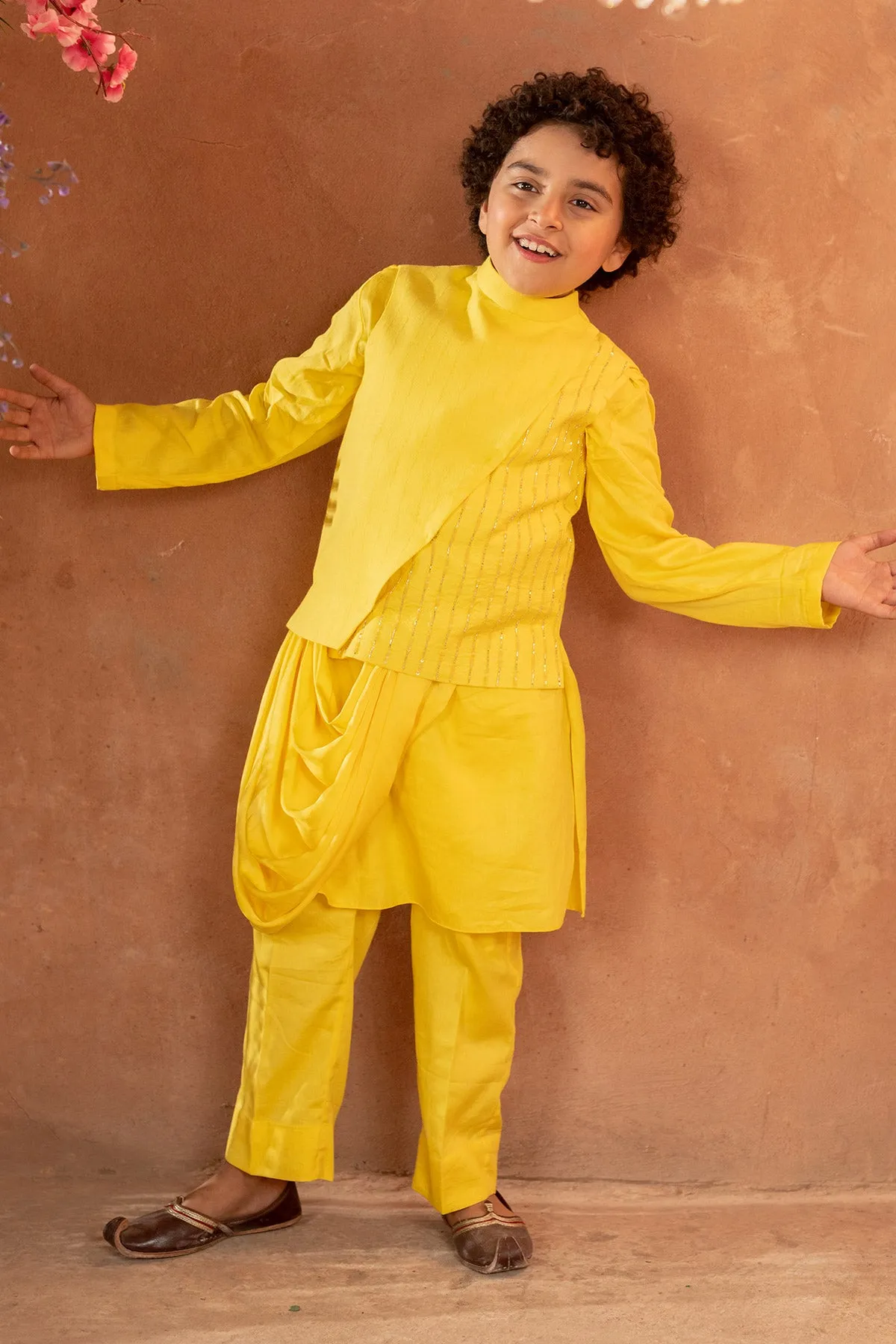 Meherzad - Embroidered 
Yellow Nehru Jacket Paired With Drape Kurta & Trouser Set
