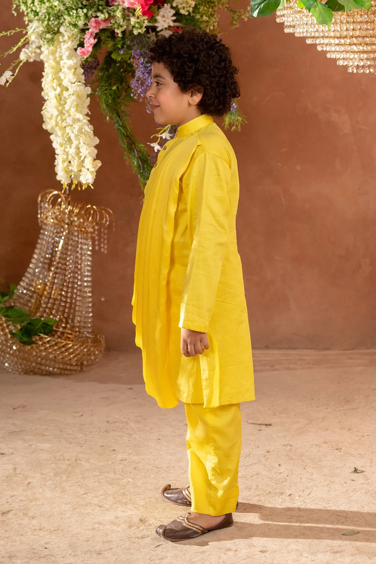 Meherzad - Embroidered 
Yellow Nehru Jacket Paired With Drape Kurta & Trouser Set
