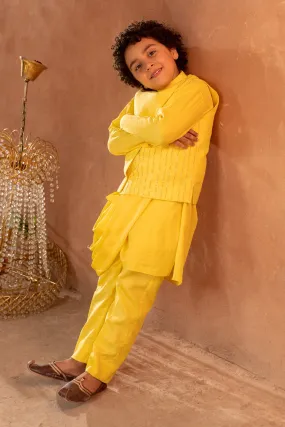 Meherzad - Embroidered 
Yellow Nehru Jacket Paired With Drape Kurta & Trouser Set