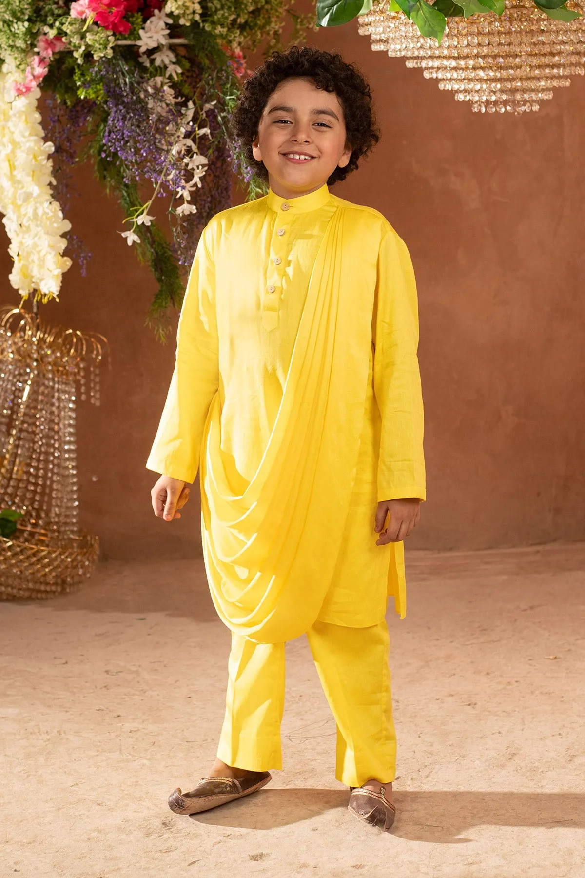 Meherzad - Embroidered 
Yellow Nehru Jacket Paired With Drape Kurta & Trouser Set