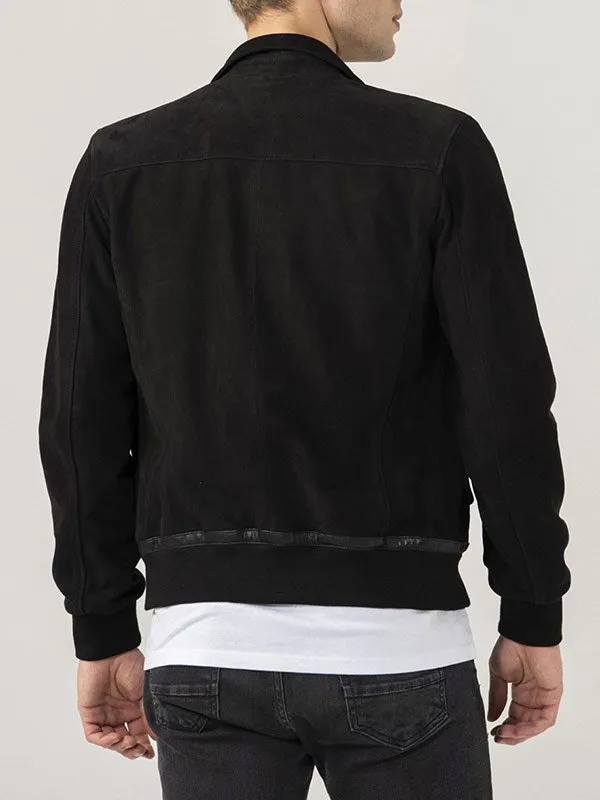 MEN’S BLACK SUEDE BOMBER JACKET BY TJS