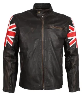 Men's Brown Union Jack British Flag Distressed Leather Jacket