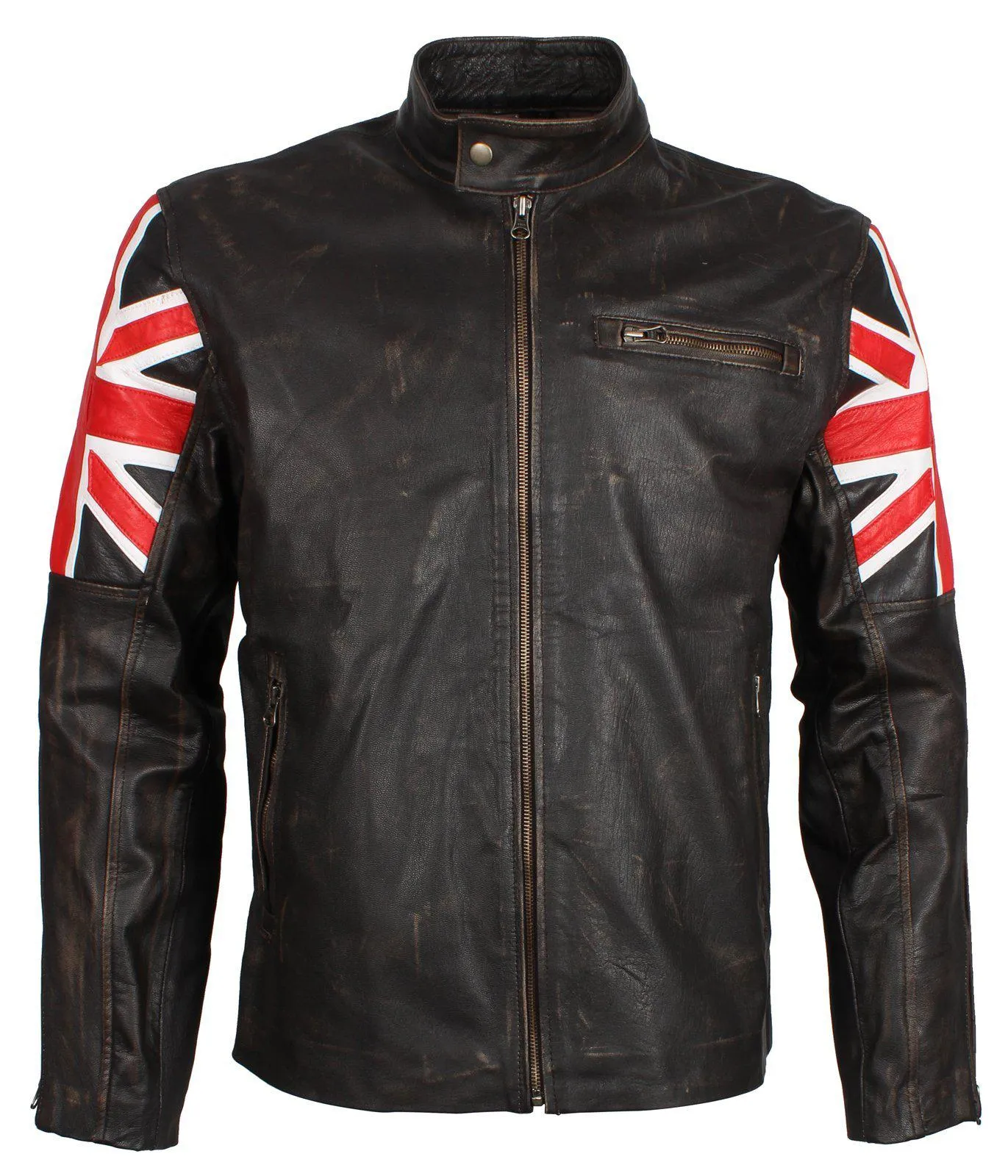 Men's Brown Union Jack British Flag Distressed Leather Jacket