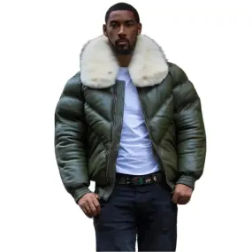 Men's Money Green V Bomber Jacket with Off-White Fur Collar
