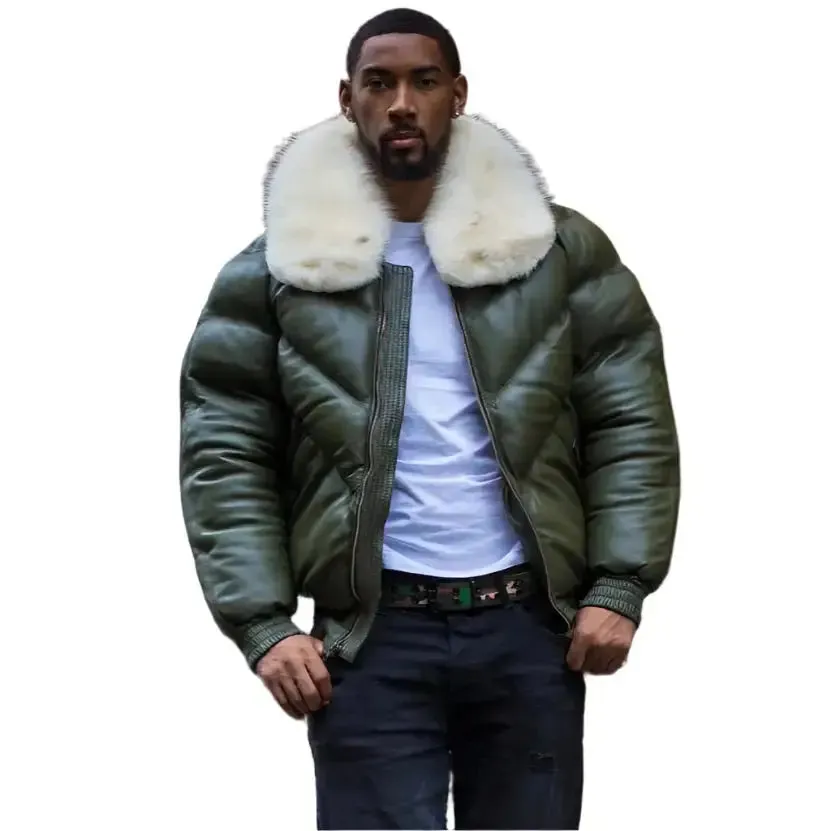 Men's Money Green V Bomber Jacket with Off-White Fur Collar