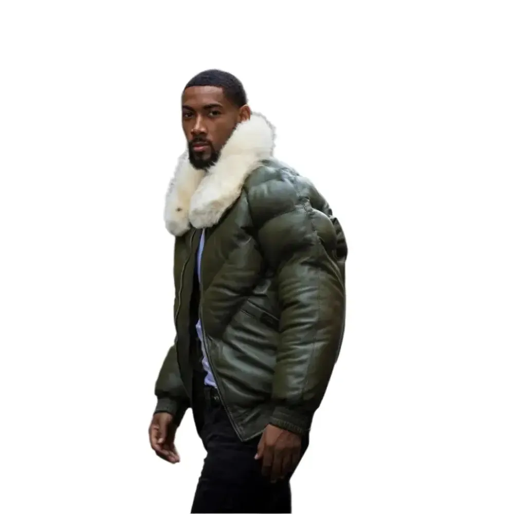 Men's Money Green V Bomber Jacket with Off-White Fur Collar