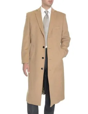 Mens Overcoat -Mens Long Wool Topcoats- Topcoat For Men-Men's Dress Coat Tan 4 Buttons Full Length Wool Cashmere Blend Overcoat Top Coat