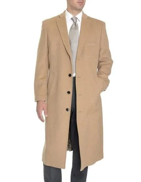 Mens Overcoat -Mens Long Wool Topcoats- Topcoat For Men-Men's Dress Coat Tan 4 Buttons Full Length Wool Cashmere Blend Overcoat Top Coat