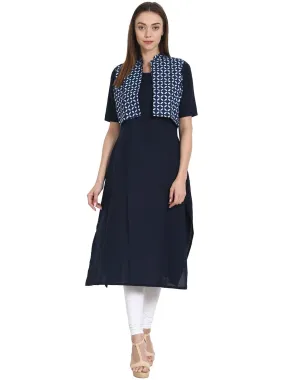 Navy Blue Sleevless Kurta With Printed Half Sleeve Jacket