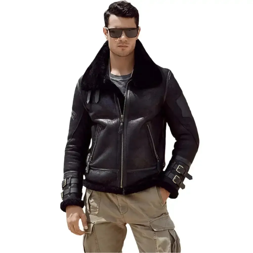 New Men's B3 Black Leather Sheepskin Shearling Bomber Jacket - Warm & Stylish