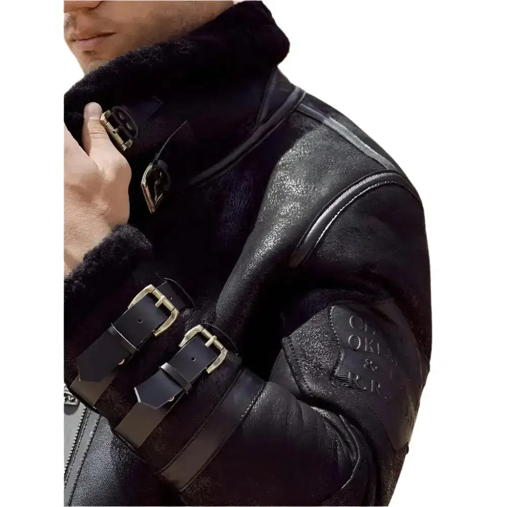 New Men's B3 Black Leather Sheepskin Shearling Bomber Jacket - Warm & Stylish