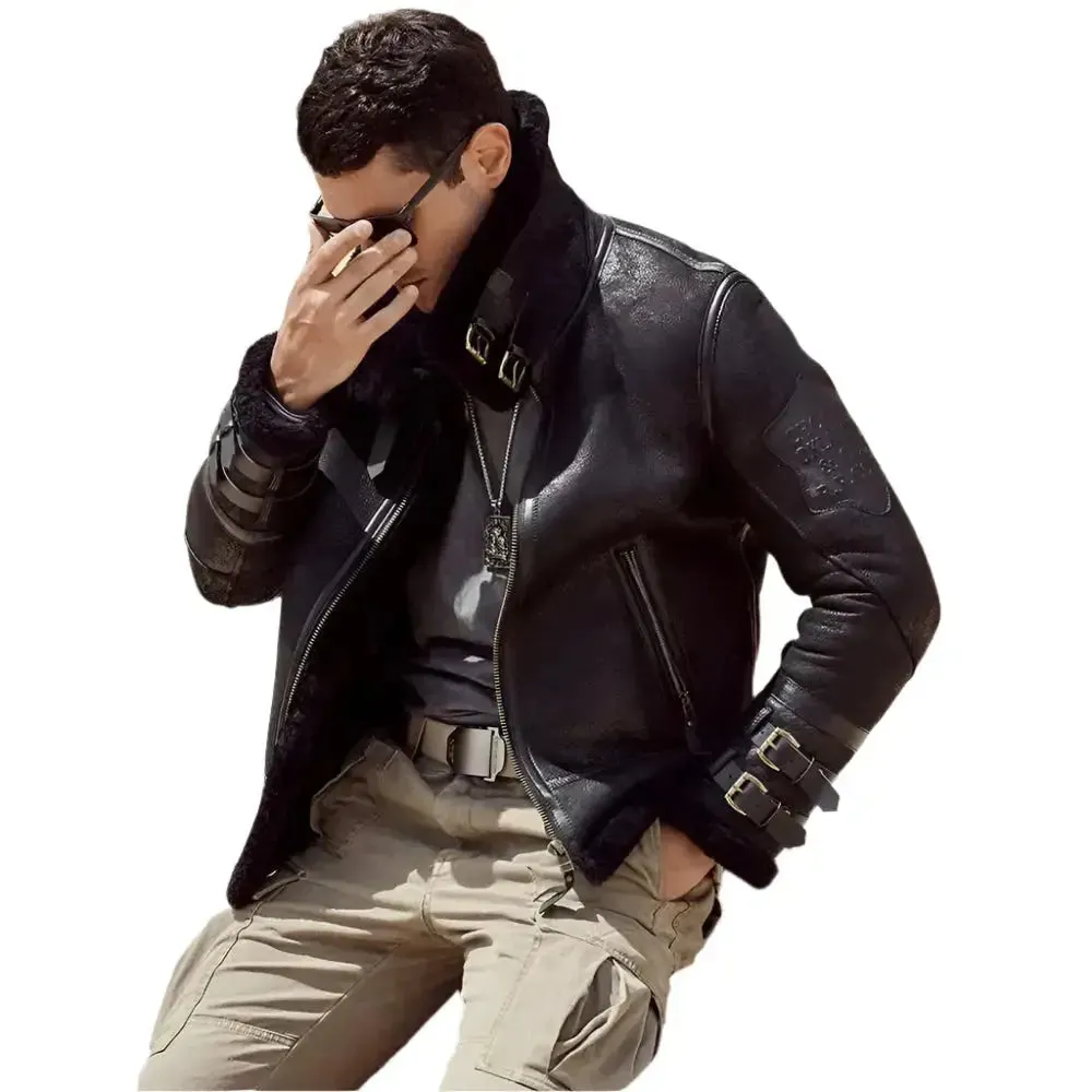 New Men's B3 Black Leather Sheepskin Shearling Bomber Jacket - Warm & Stylish