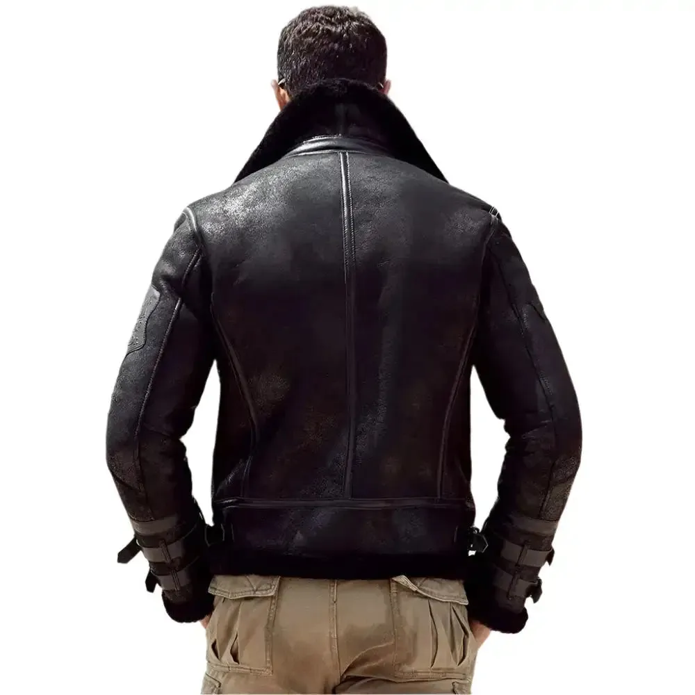 New Men's B3 Black Leather Sheepskin Shearling Bomber Jacket - Warm & Stylish