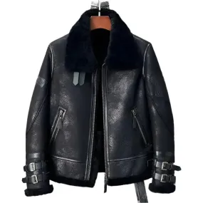 New Men's B3 Black Leather Sheepskin Shearling Bomber Jacket - Warm & Stylish