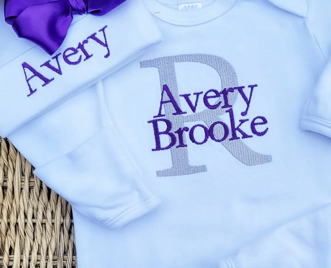 Newborn Girl Convertible Footie Set with Purple Monogram