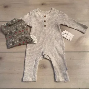 NWT Honest Baby 100% Organic Cotton Gray Ribbed Romper & Hat Outfit