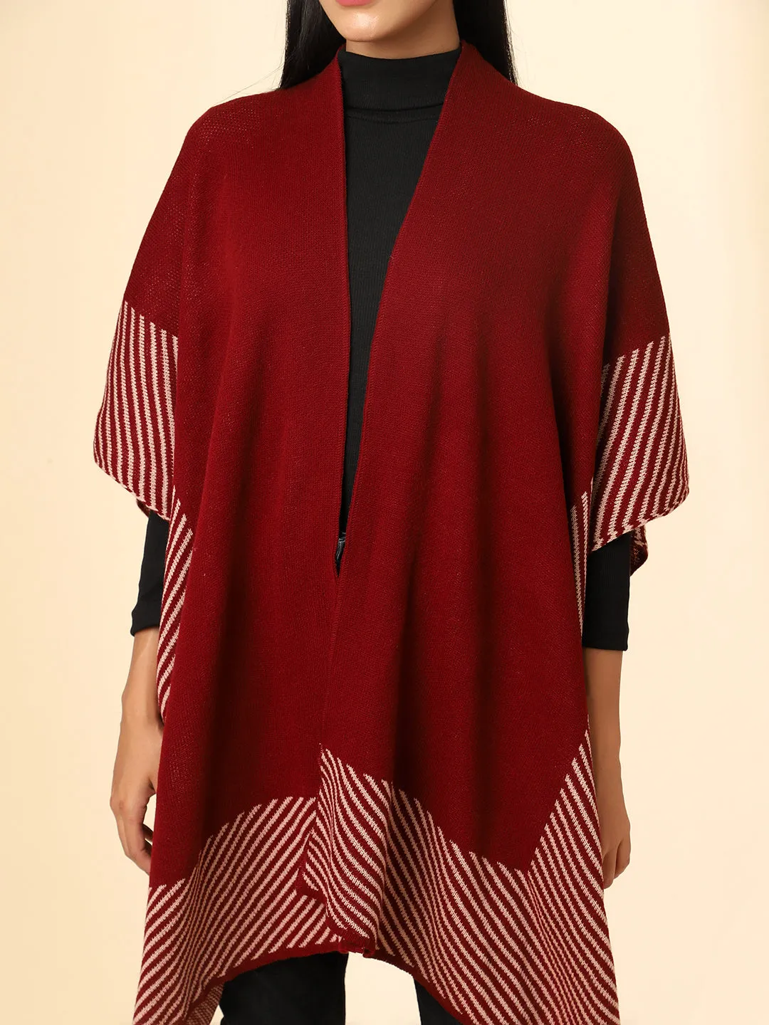 Open Front Striped Knitted Shrug | Maroon