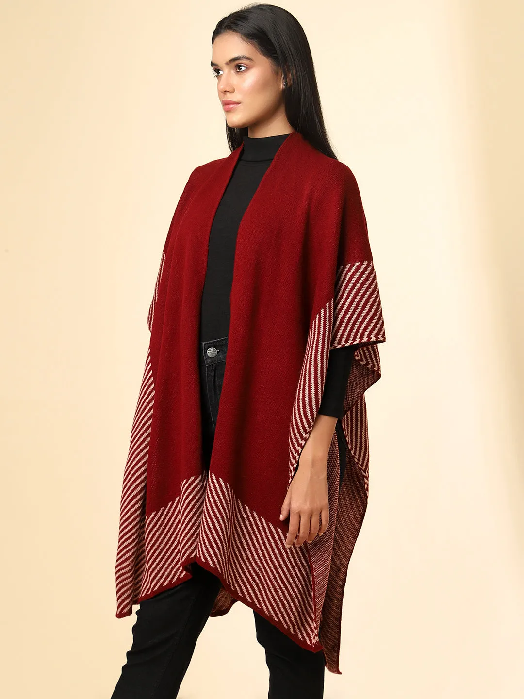 Open Front Striped Knitted Shrug | Maroon