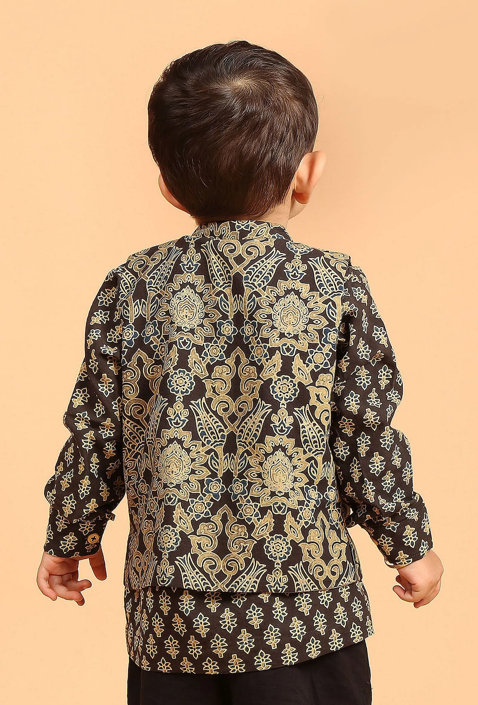 Parv Black Ajrakh Print Cotton Nehru Jacket