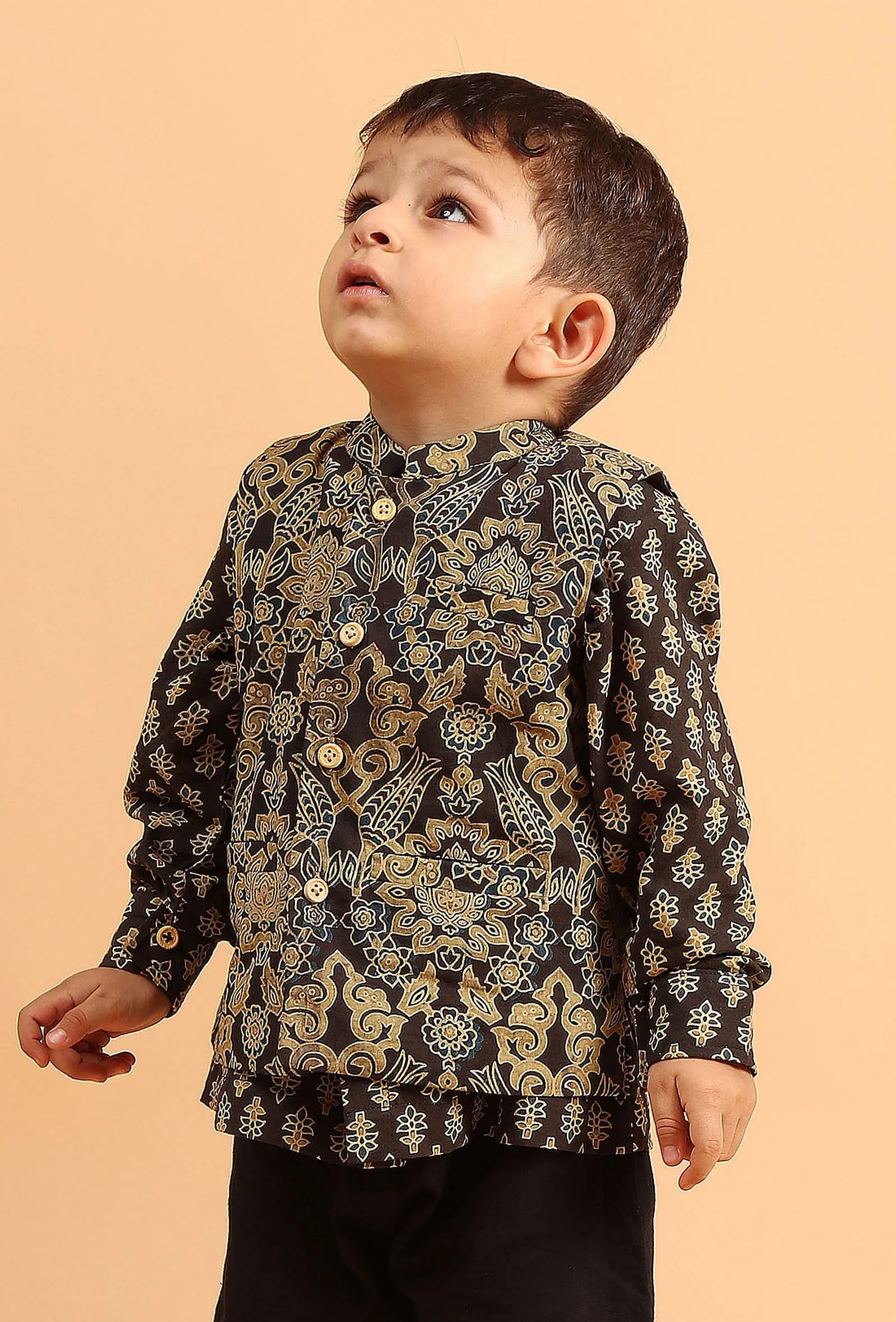 Parv Black Ajrakh Print Cotton Nehru Jacket