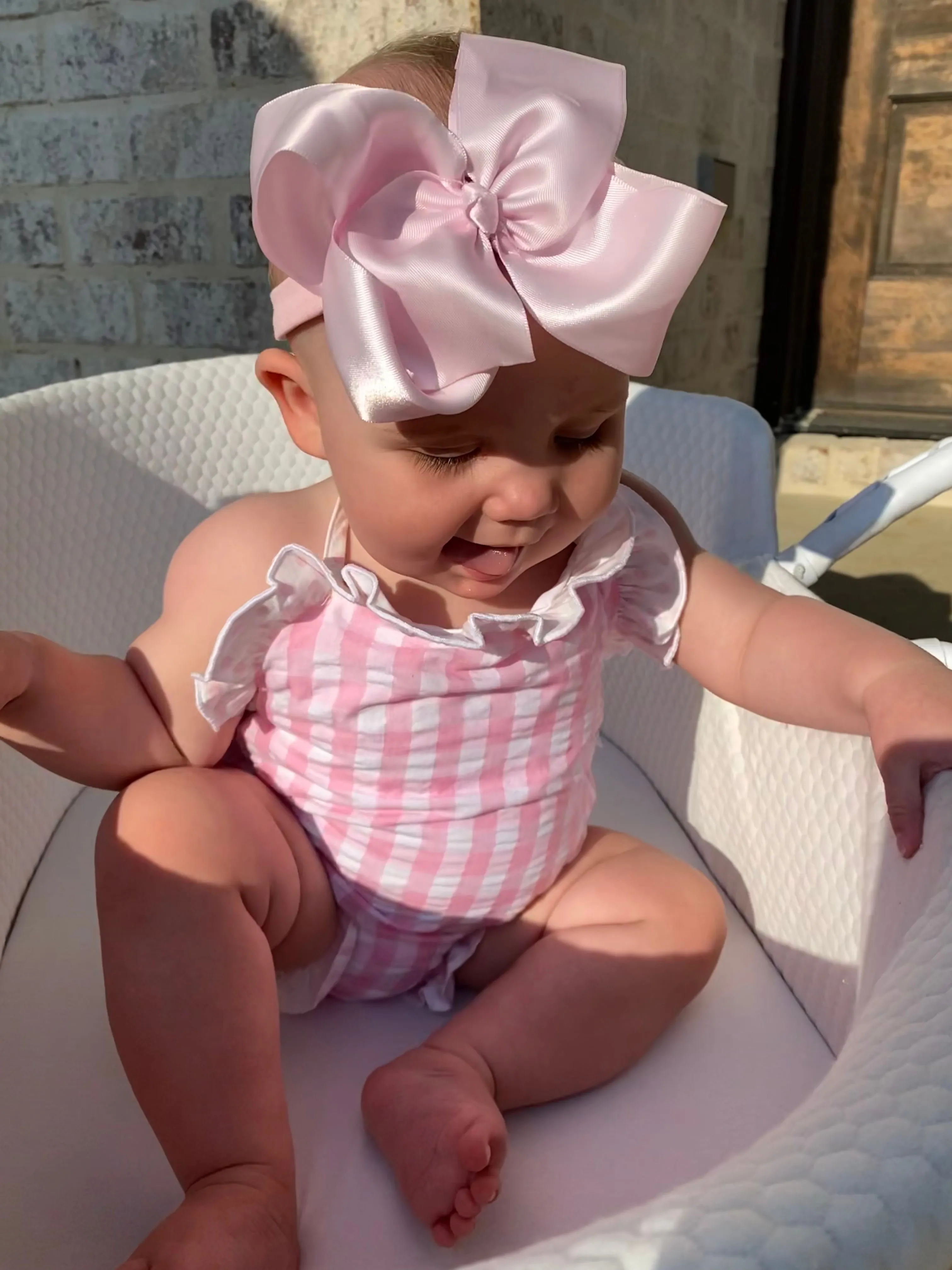 pink gingham with polka dot ruffle