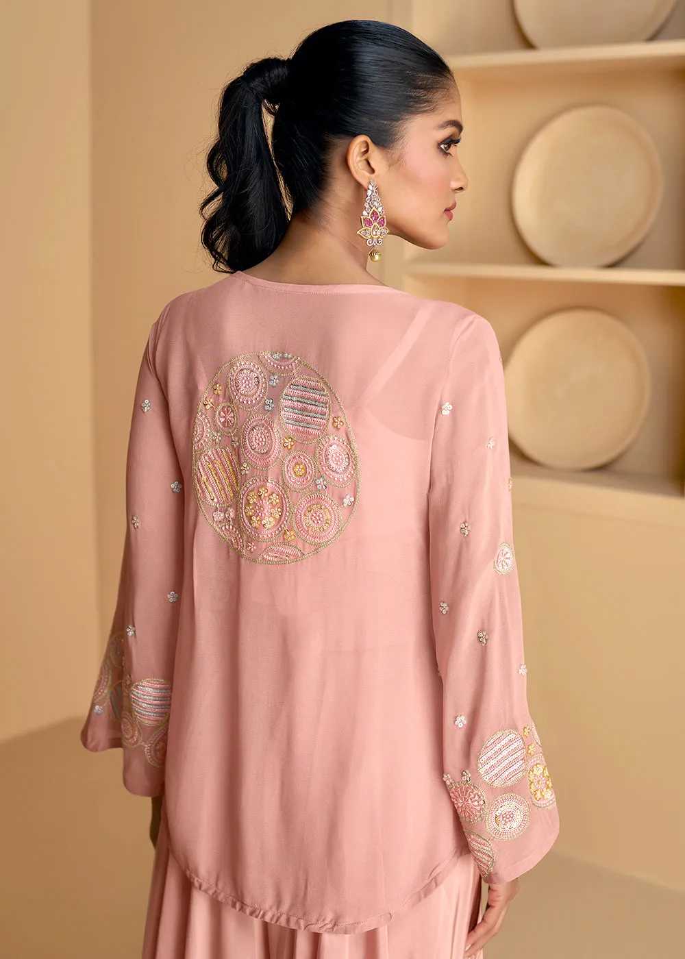 Pink Jacket Style Embroidered Indo Western Palazzo Suit