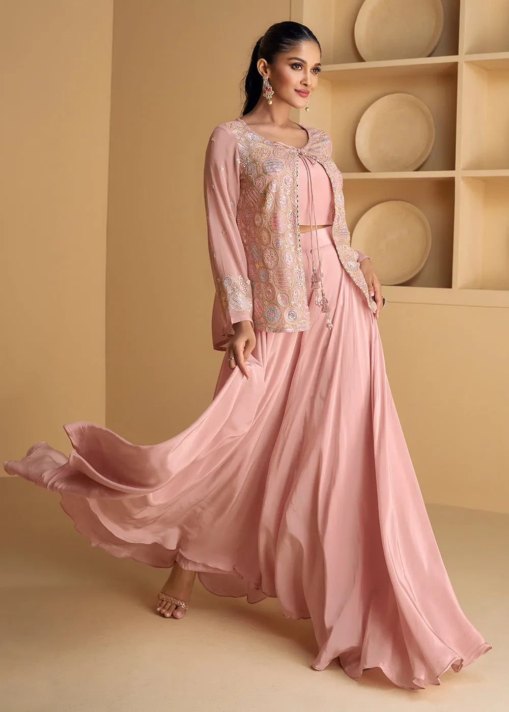 Pink Jacket Style Embroidered Indo Western Palazzo Suit