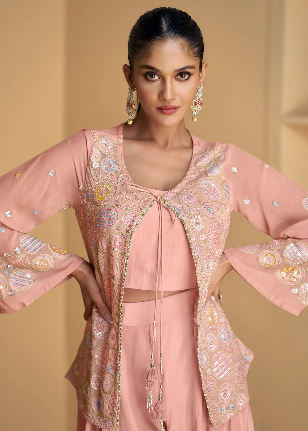 Pink Jacket Style Embroidered Indo Western Palazzo Suit