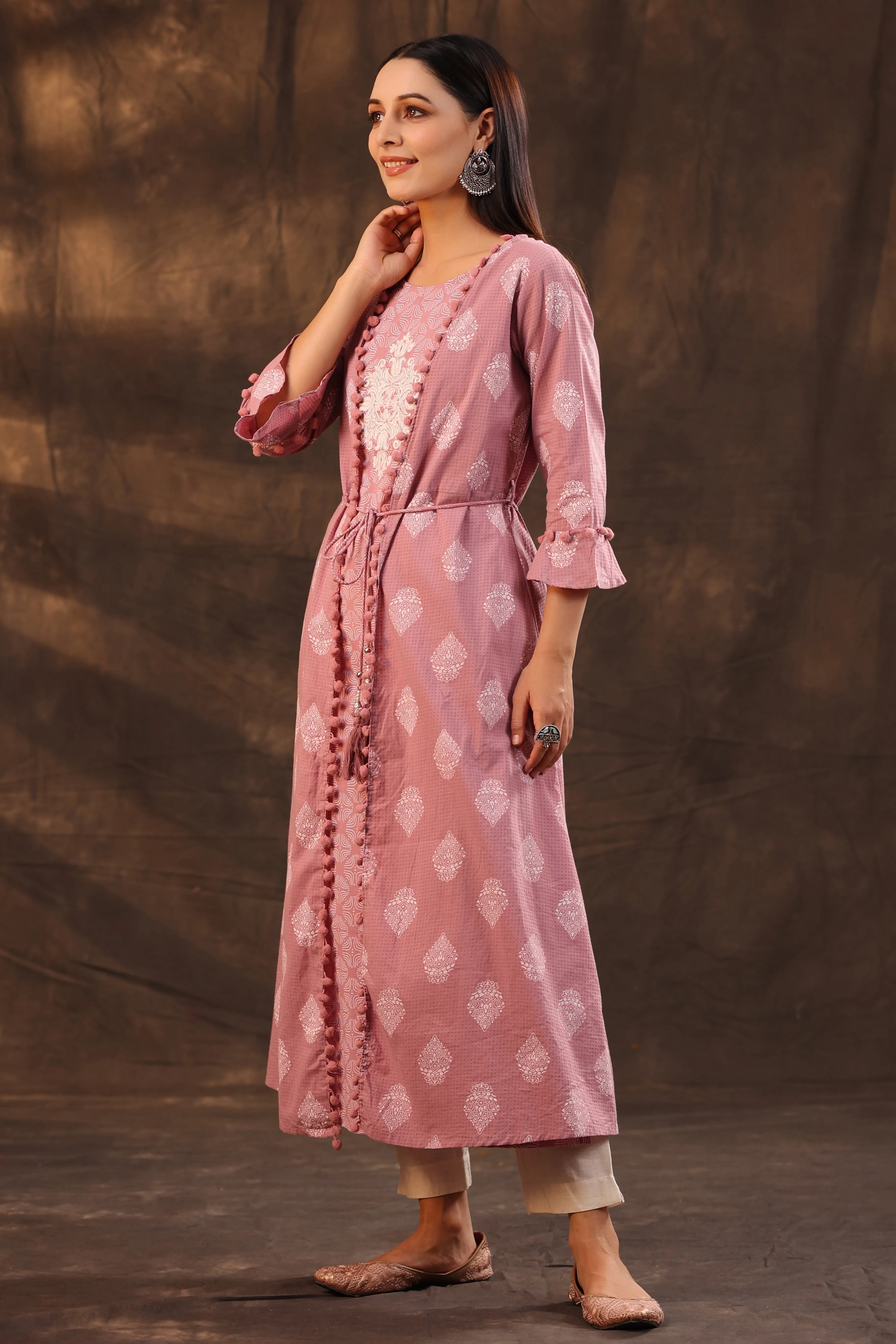 Powder Pink Cotton Cambric Printed Jacket Style Kurta