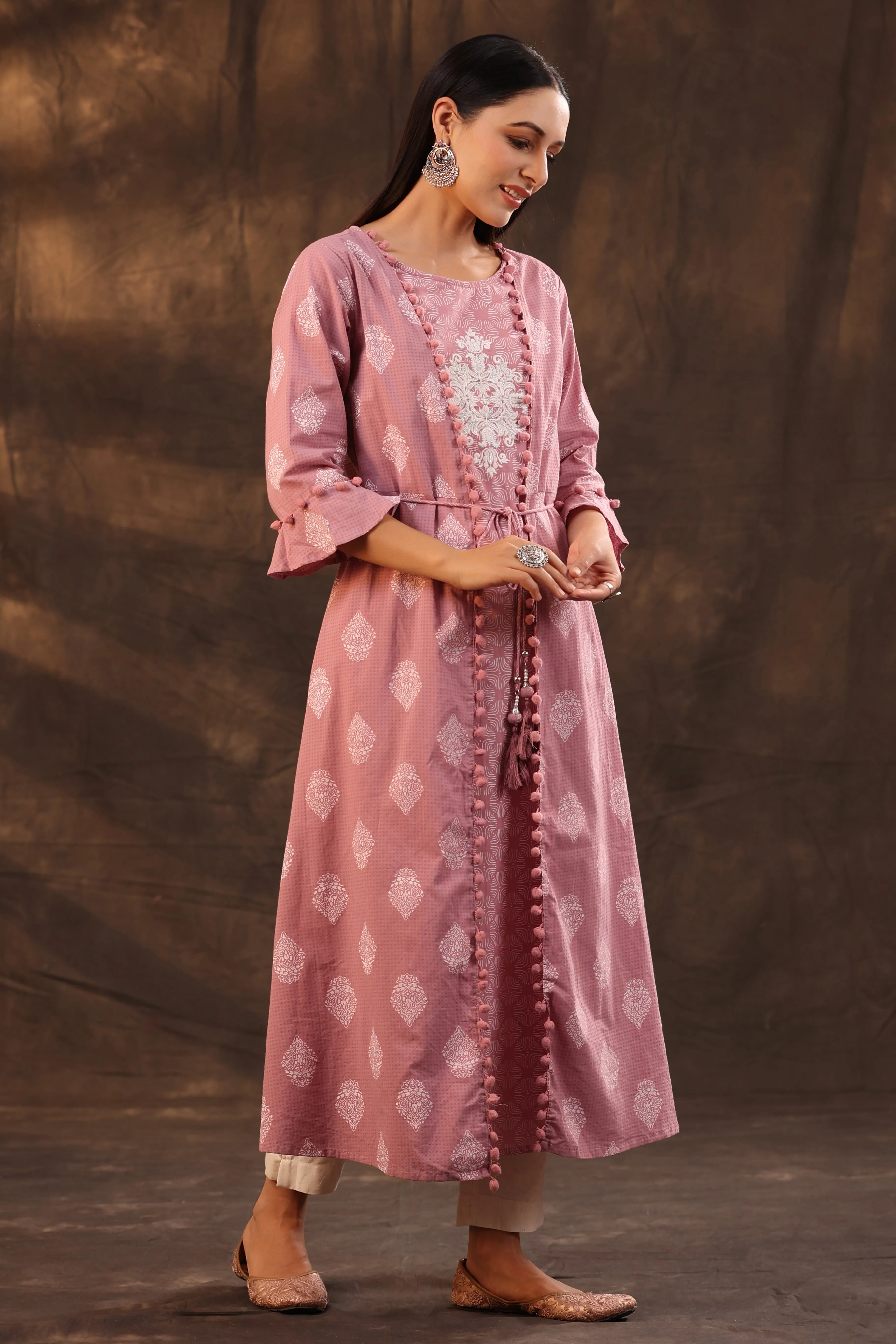 Powder Pink Cotton Cambric Printed Jacket Style Kurta