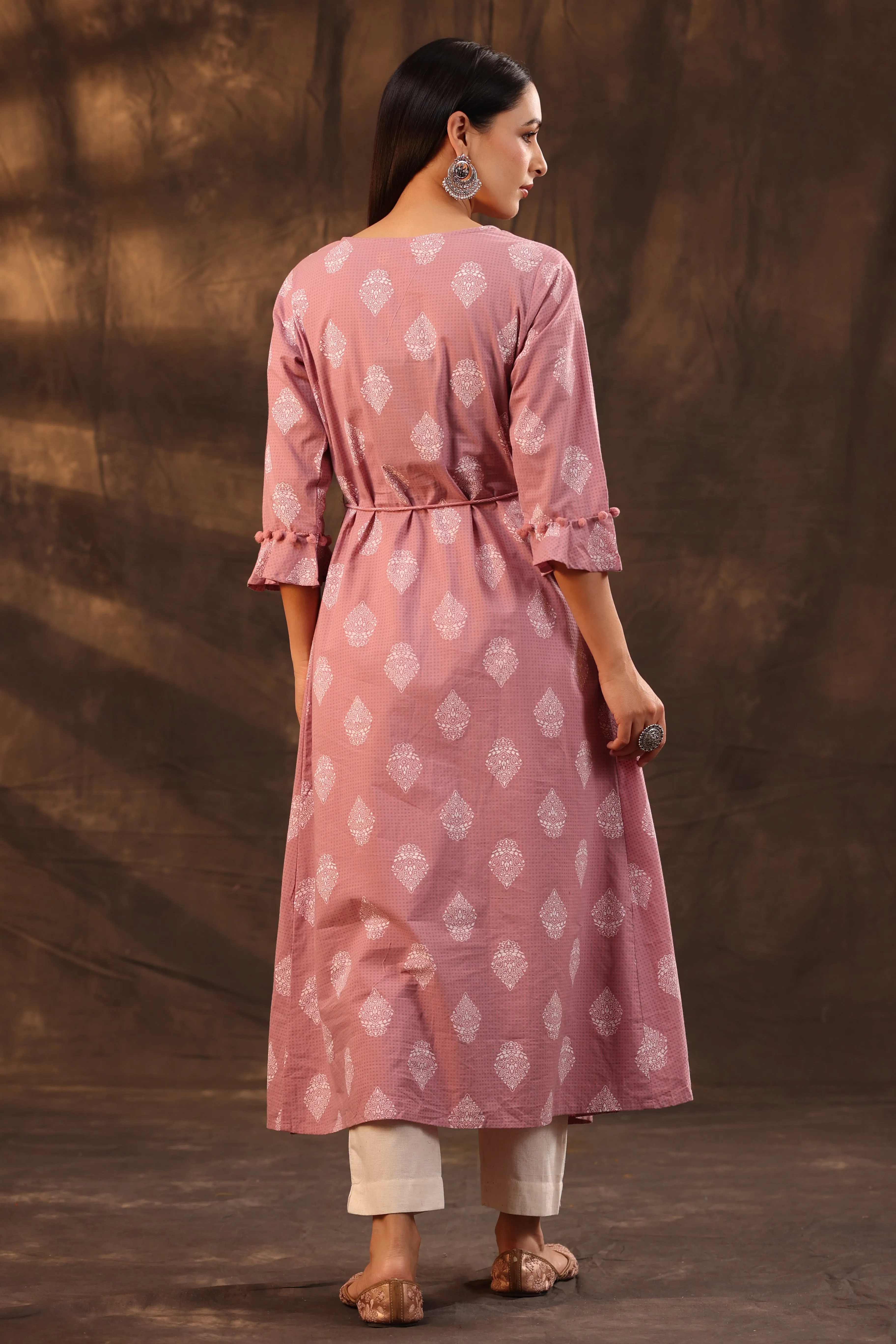 Powder Pink Cotton Cambric Printed Jacket Style Kurta