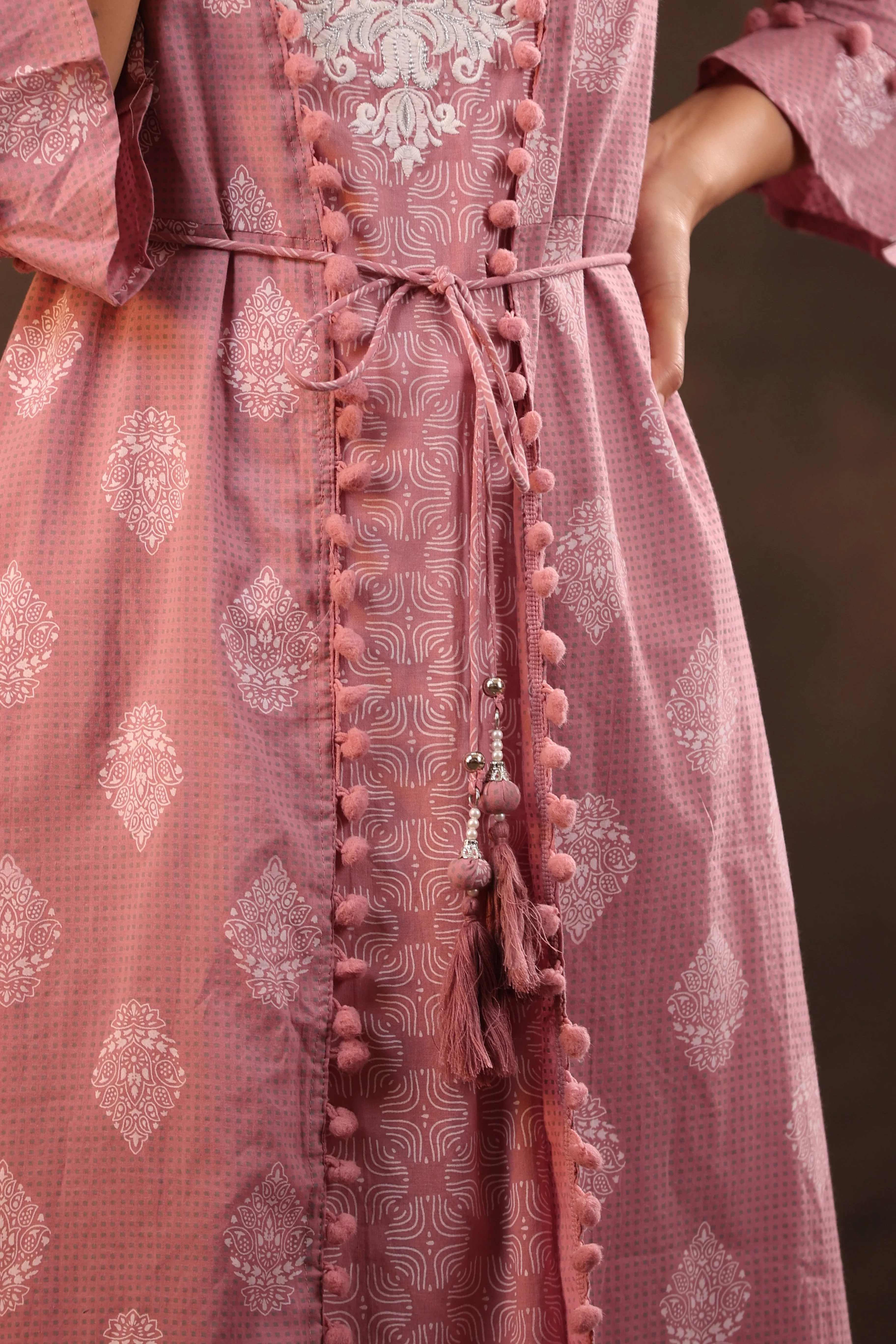 Powder Pink Cotton Cambric Printed Jacket Style Kurta