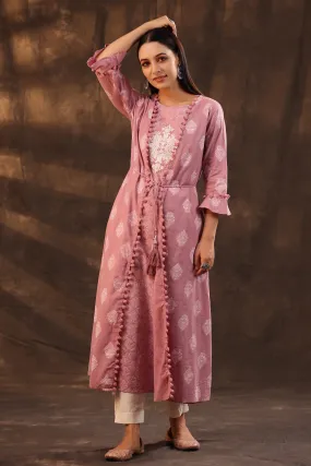 Powder Pink Cotton Cambric Printed Jacket Style Kurta
