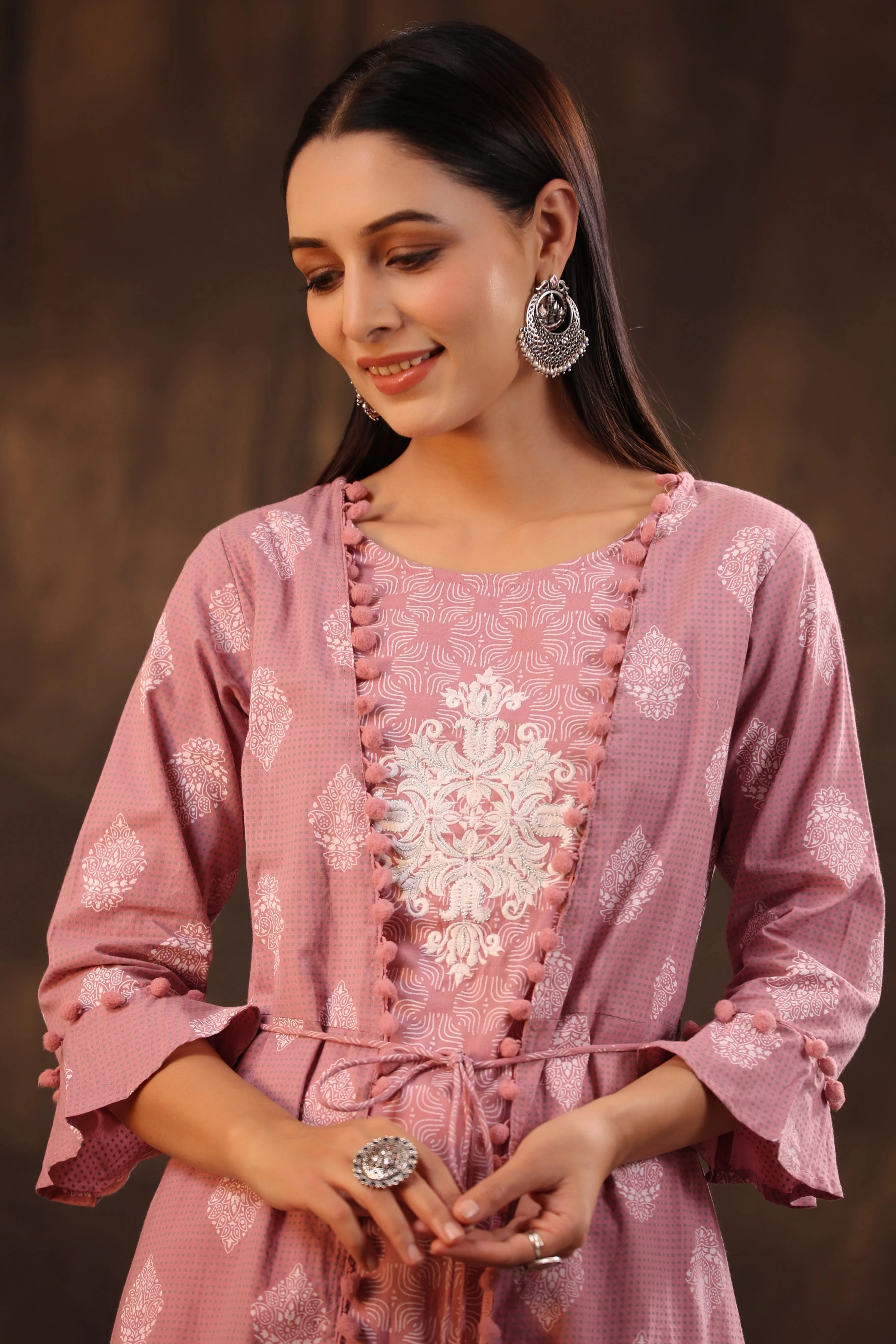 Powder Pink Cotton Cambric Printed Jacket Style Kurta